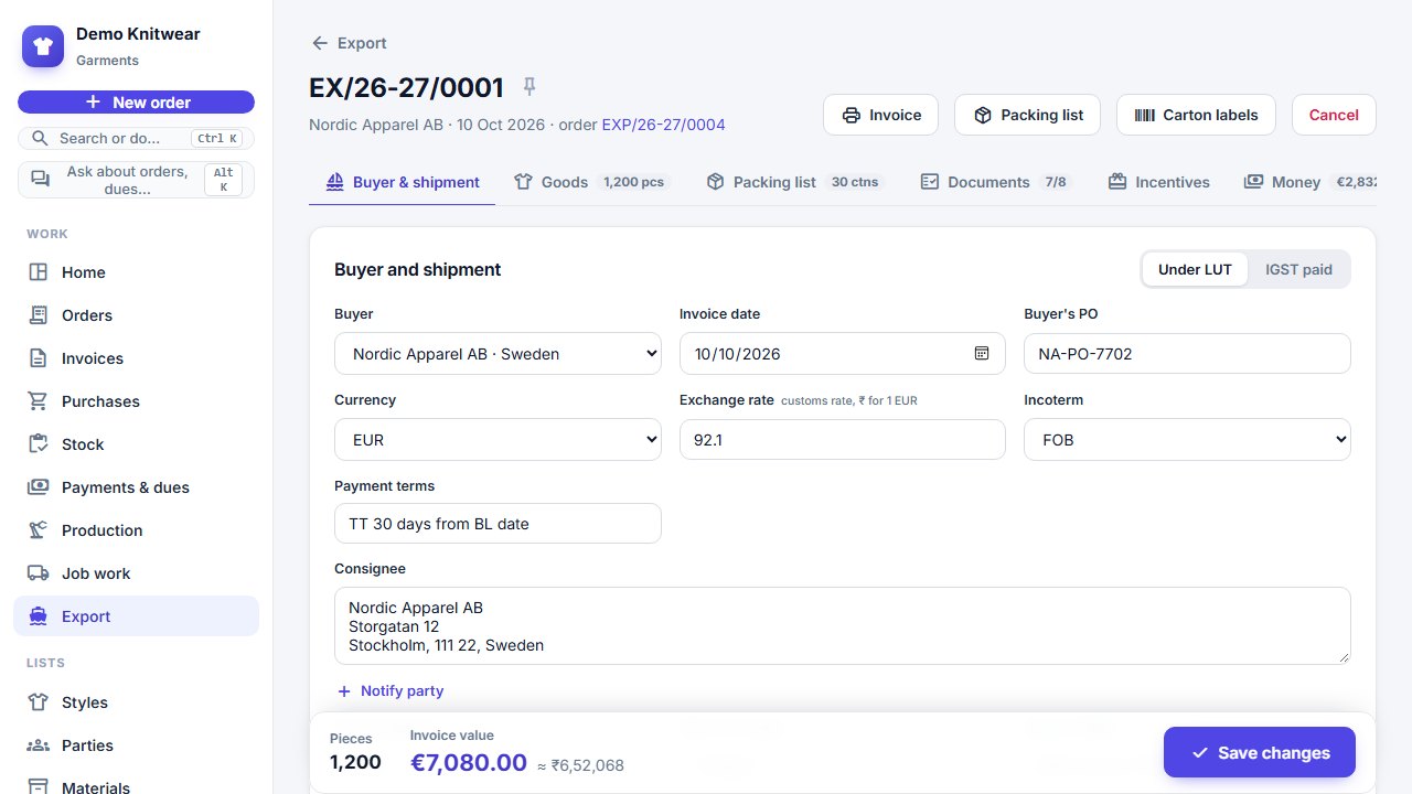 An export invoice with tabs for goods, packing list, documents, incentives and money from the buyer
