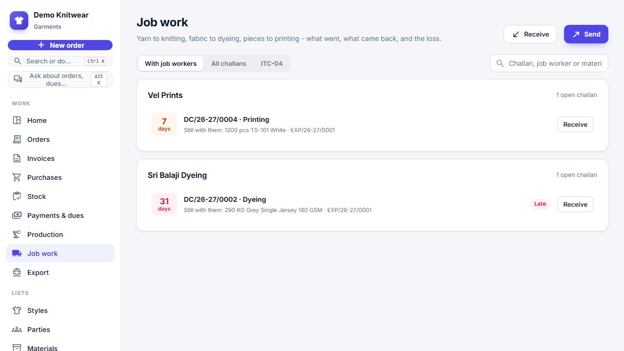 Job work screen: open challans with Vel Prints and Sri Balaji Dyeing, what is still with them and days out